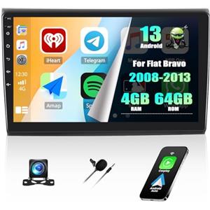 CAMECHO 4G+64G 4 Nucleo Android 15 Autoradio per Fiat Bravo 2008-2013 con Wireless Carplay Android Auto, 9 Pollici Stereo Auto 2DIN con Schermo GPS WIFI EQ Bluetooth FM/RDS SWC Telecamera