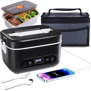 Fagalil Porta Pranzo Riscaldato Senza Fili, Porta Pranzo Elettrico a Batteria da 1,2 L per Adulti, Scaldavivande Portatile in Acciaio Inox con Stoviglie e Borsa Termica per Auto Lavoro Viaggio Casa
