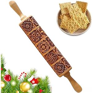 YFJSML Mattarello in Rilievo con Motivo 35cm 3D Natalizio Mattarello in Legno con Manici Mattarello Decorativo di Natale Goffrato Rolling Pin per Pizza Biscotti Impasto Cottura al Forno