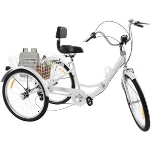SYNCMH Triciclo per adulti, 24 pollici, pieghevole, 7 velocità, 3 ruote, con cestino, luce frontale a LED, supporto per bevande e riflettori per adulti e anziani, bianco