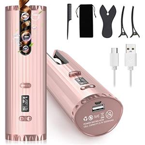Xyvolve Ferro arricciacapelli Automatico, arricciacapelli Portatile, arricciacapelli Senza Fili Bigodino Anti-Bruciore, 6 Timer / Temperatura, USB Ricaricabile, Display LCD, per Capelli Lunghi/Corti Styler