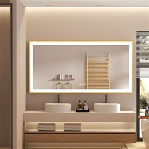 LUVODI Specchio Bagno LED Luce: Cornice Dorata Rettangolare 120x60cm Specchio Smart Led Lungo Oro Parete 3 Touch Grande Illuminato Frontale Antiappannamento Dimmerabile Verticale Orizzontale