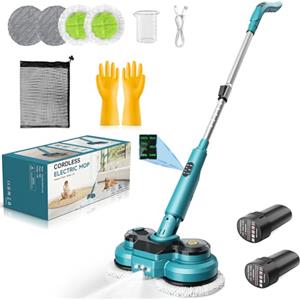 Qardoz Mocio Elettrico Senza Fili con 2 batterie da 2000 mAh,Lavapavimenti Elettrico con Funzione Spray/lluminazione a LED/Display Intelligente,Lucidatrice Pavimenti con Serbatoio Dell'acqua da 300 ML