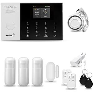 HUXGO® HXA005 Sistema di allarme casa senza fili con Sirena WiFi + GSM | Antifurto casa kit con 1x sensori di allarme per finestre/portes, 3x rilevatori di movimento