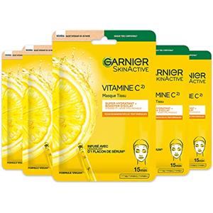 GARNIER Skin Active - Set di 5 mascherine in tessuto booster per brillare, idrata e ripolpa la pelle, vitamina C e acido ialuronico, vegan & cruelty free, pelli opache, x5