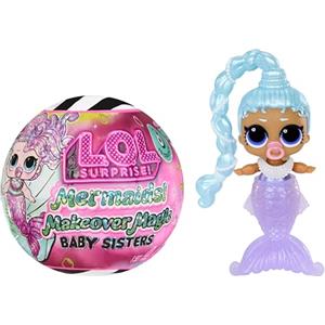 L.O.L. Surprise! Mermaids Makeover Magic Baby Sisters - Coda di sirena che cambia colore con sfera da esposizione a forma di conchiglia, 6 bambole da collezionare - Età 4+