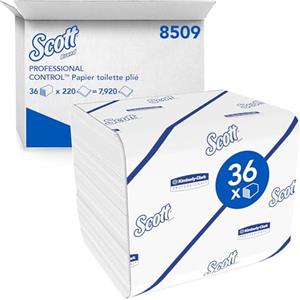 K-C Professional Scott Control carta igienica interfogliata 8509, 2 veli, realizzata al 100% con materiale riciclato, 36 confezioni x 220 fogli di carta igienica piegata (7920 fogli), Bianco