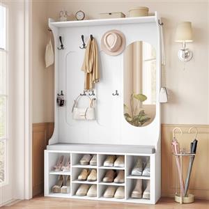 Hzuaneri Appendiabiti Ingresso con Panca Scarpiera, Mobili Ingresso con Scarpiera, Appendiabiti da Terra con Specchio, 10 Ganci, Salvaspazio, Ripiani Regolabili, 35,5 x 100 x 180 cm, Bianco HT23503X