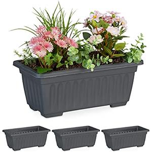 Relaxdays Fioriera da Esterni e Interni, Set da 4, Vasi Rettangolari in Plastica, HLP: 14 x 34 x 18,5 cm, Antracite