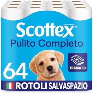 Scottex Carta Igienica, Formato Salvaspazio, Cotone, Confezione 100% Riciclabile, Fatto in Italia, 64 Rotoli