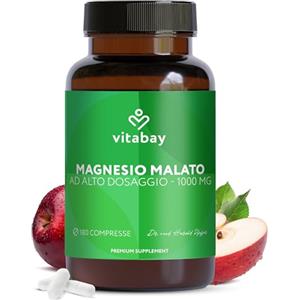 Vitabay Magnesio Malato 1000 mg - 180 Compresse Vegane - Alta concentrazione con 450 mg di Magnesio Elementare per compressa - Senza Additivi - Testato in Laboratorio in Germania