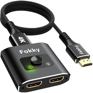 Fokky Switch HDMI 4K@60Hz, Splitter HDMI【con Cavo da 1M(3.3ft) 】Bidirezionale Sdoppiatore hdmi 2 Ingressi a 1 Uscita o 1 Ingresso a 2 Uscite (Nero con Cavo da 1M)