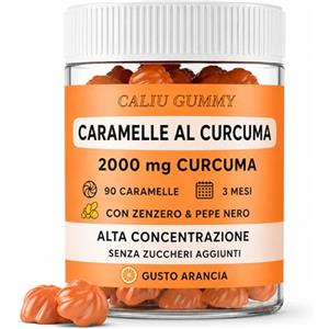 CALIU GUMMY | Curcuma Complex 2000 mg | Curcumina 95% Curcuminoidi | Curcuma Zenzero Pepe Nero | Piperina | Alta Biodisponibilità | 90 Gummies | 3 Mesi | Vegano | Senza Zucchero | Gusto Arancia