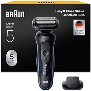 Braun Serie 5 Rasoio Elettrico Barba, Wet&Dry, Regolabarba Uomo, Rasoio Barba, 50 Min Di Utilizzo, Accessorio Rifinitore di Precisione, Senza Fili, 100% Impermeabile, 52-B1200SI, Blu