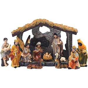 MACLARONX Set di 12 presepi natalizi con stalla di Gesù Nascita, 3 pastori magi, riorganizzabili, decorazione da tavolo per interni, casa, resina, dipinta a mano, da collezione