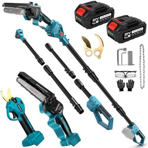 panthem 6 pollici motosega a batteria & 45mm Forbici Elettriche da Potatura con Asta Telescopica, 4 In-1 Kit Motosega e Forbici con 2 * 4000 mAh Batterie cesoie, motosega telescopica