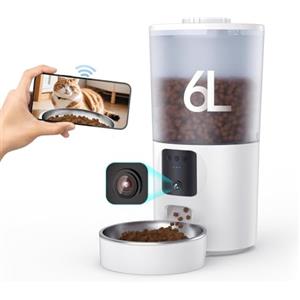 BrooBirder 6L Distributore Automatico Cibo Gatti, telecamera WIFI 1080P HD, Ciotola inox, programmabile porzionato, anti-intasamento e chiusura automatica dell'uscita, batteria di riserva