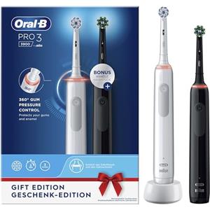 Oral-B Pro 3-3900 Spazzolino Elettrico con 2 Spazzolini, 3 Modalità di spazzolamento, Elimina Batteri, Azione Sbiancante, Sensore di Pressione 2 Testine, Batteria Litio Idea Regalo, Bianco e Nero