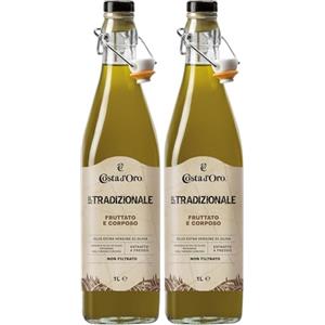 Costa d'Oro - Il Tradizionale Non Filtrato 1L. Olio extravergine di oliva fruttato e corposo, estratto a freddo, ricco di vitamine e antiossidanti naturali. Bottiglia da 1 litro. (Confezione da 2)