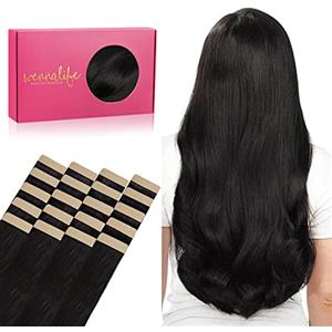 WENNALIFE Extension Capelli Veri Biadesivo, 20pz 25cm 30g Nero Naturale Extension Biadesive Capelli Veri Lisci Remy Tape in Hair Extensions Capelli Setosi