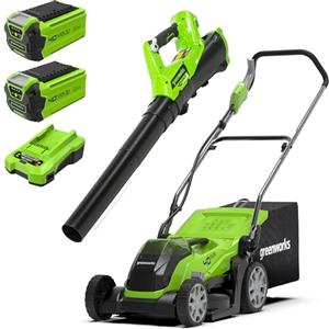 Greenworks Tools Tosaerba G40LM35 e Soffiatore di Foglie G40AB (Li-Ion 40V, 35cm Larghezza di Taglio, 500 m², 40L Raccoglierba 177 km/h, Regolazione Velocità, con 2 Batterie da 2 Ah e Caricabatteria)