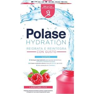 Polase Hydration, Integratore Alimentare Sali Minerali con Magnesio e Potassio e Vitamina C, Per la Tua Attività Fisica, Reidrata e Reintegra, Senza Glutine, Gusto Lampone, 12 sticks
