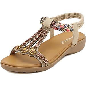 SMajong Sandali Bohemia Donna Estive Piatto Comode Infradito Strass Gioiello Moda Scarpe da Spiaggia con Elastiche Cinghia