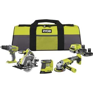 Ryobi RCK184O-242SZL, Kit Utensili da 4 pezzi, Trapano Avvitatore + Smerigliatrice Angolare + Levigatrice + Sega Circolare, 1 Batteria 4.0Ah e 1 Batteria 2.0Ah + Caricabatterie e Borsa Portautensili