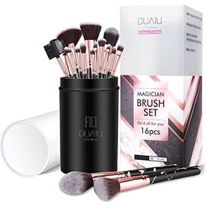 DUAIU 16 Pezzi Pennelli Make Up - FILY DUAIU Professionale Pennelli Trucco Sintetica Premium Set - Secchio Portaoggetti Portatile Pennello Fondotinta - Adatta per Blush, Fondotinta, Correttore, Ombretto