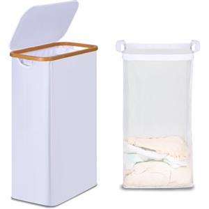 efluky Cesta Portabiancheria con Coperchio 75L, Cesto per la Biancheria Sottile con Tasca Interna Lavabile, Vassoio per la Biancheria con Manici in Bambù, Cesti Pieghevoli per la Lavanderia (Bianco)