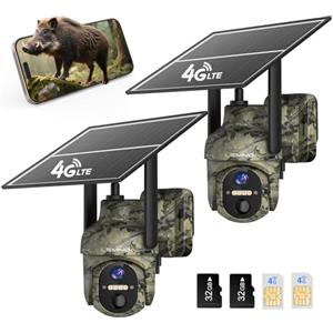 LEMNOI 2 pezzi Fotocamera da caccia, 4G Fototrappola Solare con Scheda SIM Preinstallato e SD, Telecamera Solare 2K PTZ Esterna con Pannello Solare, Visione Notturna a Colori, Rilevamento PI