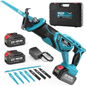 SEESII Sega a sciabola a batteria, Seghetto A Batteria 21 V, motore brushless 3000 RPM, 2 batterie da 4,0Ah e 8 lame Per legno, metallo, PVC, Sega alternativa per cantiere e giardino