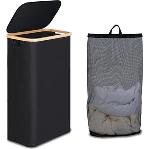 efluky Cesta Portabiancheria con Coperchio 75L, Cesto per la Biancheria Sottile con Tasca Interna Lavabile, Vassoio per la Biancheria Nero con Manici in Bambù, Cesti Pieghevoli per la Lavanderia