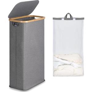 efluky Cesta Portabiancheria con Coperchio 63L, Sporca Sottile Cesto Panni Sporchi, Cesto per la Biancheria Pieghevole Grigio con Manici in Bambù e Borsa Rimovibile per Camera da Letto, Lavanderia