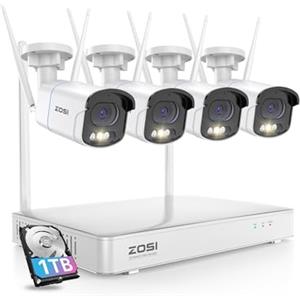 ZOSI 4MP Kit Videosorveglianza WiFi Esterno, 4X Telecamera Bullet, H.265+ 8CH 1TB NVR, Visione Notturna a Colori, Rilevazione di Persone, Audio Bidirezionale, Allarme Intelligente