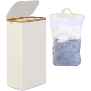 efluky Cesta Portabiancheria con Coperchio 75L, Cesto per la Biancheria Sottile con Tasca Interna Lavabile, Vassoio per la Biancheria Beige con Manici in Bambù, Cesti Pieghevoli per la Lavanderia