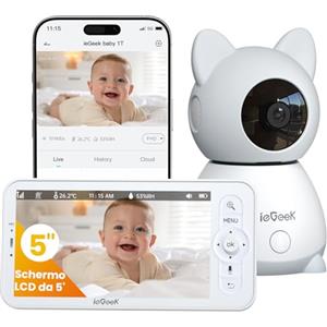 ieGeek Baby monitor con Audio e Video 2K, Telecamera Wi-Fi per Bambini con Visione Notturna, Display LCD da 5 Pollici, PTZ 355°, Comunicazione Bidirezionale, Rilevamento Pianto/Movimento, App Mobile