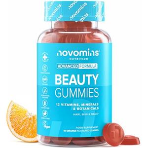 Novomins Gommose Capelli, Pelle e Unghie - Integratore Vegano con Biotina, Zinco e Vitamine A, C, E, B6-60 Gummies al Gusto Arancia - Senza Glutine, Gelatina e OGM - Novomins