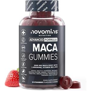 Novomins Maca Gummies 2000mg - Integratore di Maca Peruviana ad Alta Forza - Con L-Arginina, Vitamina B6 e B12 - 60 Caramelle Gommose Vegane al Gusto Fragola - Alternativa a Capsule e Compresse