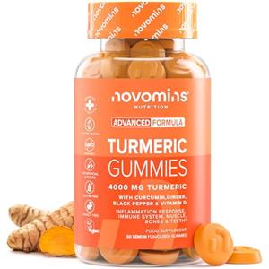 Novomins Turmeric Gummies - Curcuma 4000 mg Alta Forza con Zenzero, Curcumina, Pepe Nero e Vitamina D - Supporto per Articolazioni, Immunità, Muscoli e Ossa - Novomins