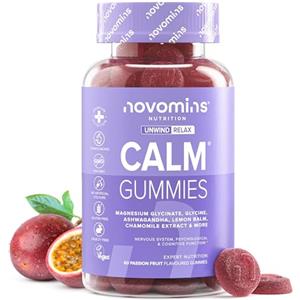 Novomins Gummies al Magnesio Glicinato - 450 mg con Ashwagandha, Glicina, Melissa, Camomilla, Vitamina B12 e Iodio - Supporto a mente e sistema nervoso - Novomins