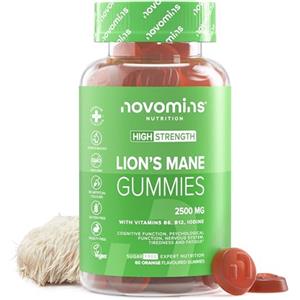 Novomins Lion's Mane Gummies - Integratore ad Alta Potenza 2500mg - Senza Zucchero - Con Vitamina B6, B12 e Iodio - Alternativa a Capsule e Polvere - Gusto Arancia - 60 Gommose Vegane