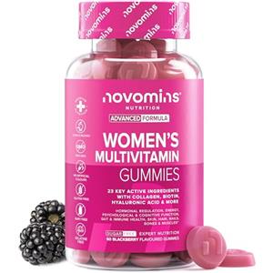 Novomins Multivitaminico Donna in Gommose con Collagene Marino e Acido Ialuronico - 23 Vitamine, Minerali, Botanici e Probiotici - Vitamina C, A, D, B, Biotina e Zinco - 60 Gommose - Novomins