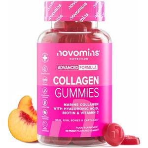 Novomins Collagene Marino Gommose - Pelle radiosa, capelli & unghie - Collagene idrolizzato tipo 1 con Acido Ialuronico, Vitamina C & Biotina - 60 gommose - Novomins