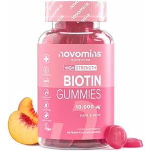 Novomins Gommose alla Biotina - 10.000 mcg - 60 Giorni di Fornitura - Integratore Vegano per Capelli, Pelle e Unghie - Gusto Pesca - 60 Gommose - by Novomins