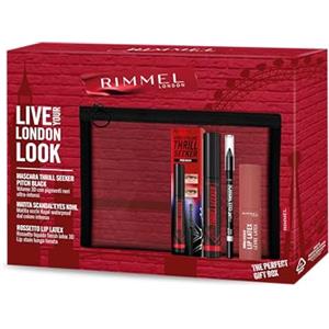 Rimmel London Cofanetto Regalo Live Your London Look, Pochette con Mascara Thrill Seeker, Matita Occhi Scandal'Eyes Kohl Black Waterproof e Rossetto Liquido Thrill Seeker Lip Latex