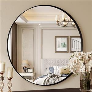 Clevich Specchio da bagno rotondo con cornice profonda, 80x80 cm, Lussuoso specchio da parete rotondo, con cornice in alluminio spazzolato nero, Per bagno, soggiorno, camera da letto, decorazione