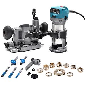 KATSU Tools KATSU Rifilatore Fresatrice Verticale per Legno Elettrica 220V 710W Laminatore Router Strumento per Falegnami + Mandrino da 1/4" + Base a Tuffo + Frese per Legno + Kit Guide per Router