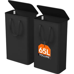 Lifewit Cesta Portabiancheria Salvaspazio con Coperchio, Cesto Biancheria Sporca Sottile con Manici, Portabiancheria Sporca Pieghevole per Camera da Letto, Bagno, Lavanderia, 65 L, Nero, Set di 2
