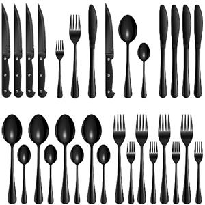 Velaze Set di Posate da Tavola per 4 Persone, Set 24 Pezzi in Acciaio Inox 18/10, Posate Servizio 8 Cucchiai, 8 Forchette, 8 Coltelli, Lavabile in Lavastoviglie - Nero